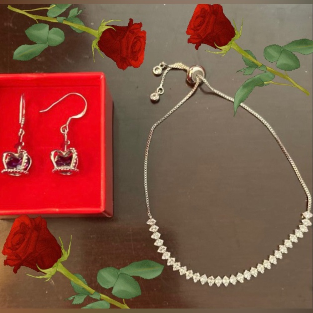 925 Silver Dangle Crown Earrings with Purple Jewels&Silver Toned CZ Bracelet